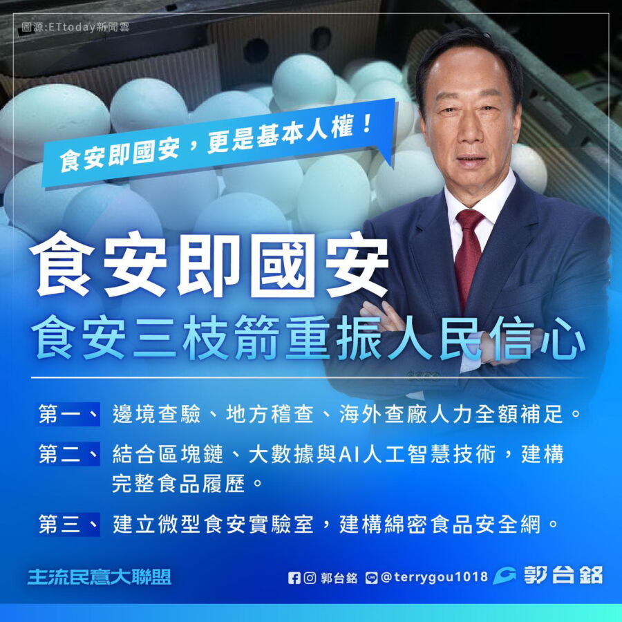圖／總統擬參選人郭台銘提出具體的「食安三枝箭」，捍衛台灣人民的基本人權。（圖／郭台銘臉書）