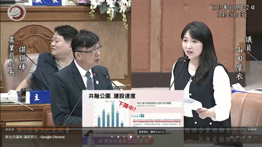 圖／山田摩衣直指，「來新北玩公園」的資訊還不完整，讓民眾要帶小孩去玩的資訊霧煞煞。（新北市議員山田摩衣提供）