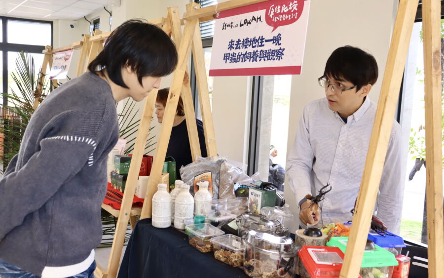 圖/得獎團隊人員向民眾講解甲蟲飼養與觀察。(新北市政府原民局提供)
