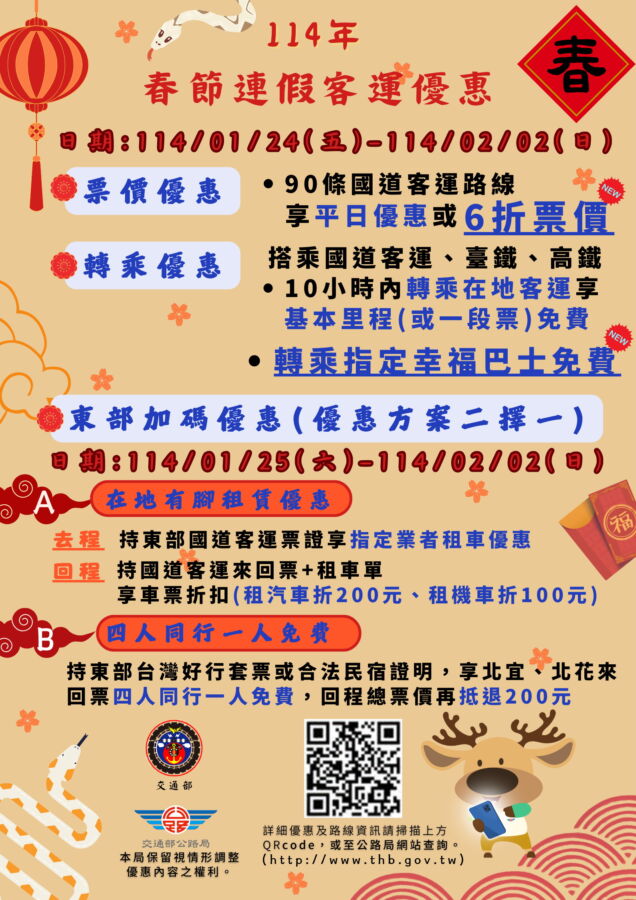 圖／為鼓勵民眾春節返鄉的通勤能搭乘國道客運，公路局於春節連續假期的期間，推出多項的優惠。（臺北區監理所提供）