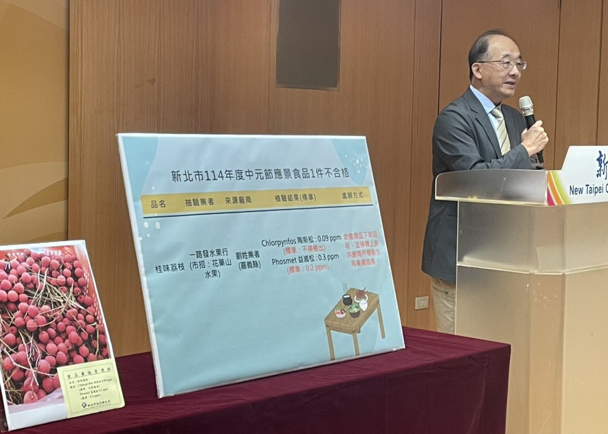 圖／衛生局副局長馬景野表示，不合格產品檢出農藥殘留「Chlorpyrifos陶斯松」0.09 ppm（標準：不得檢出）及「Phosmet益滅松」0.3 ppm（標準：0.2 ppm）。（新北市政府衛生局提供）