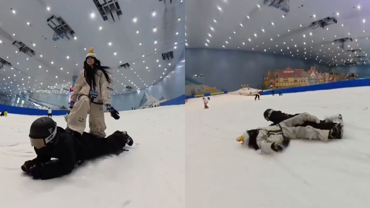 圖／中國廣州滑雪場近日流出一段意外畫面，一名女子疑似模仿動畫《銀魂》的「前列腺剎車」橋段，以踩著他人身體方式滑雪，不料發生意外。（翻攝 xinpengjilin Instagram）