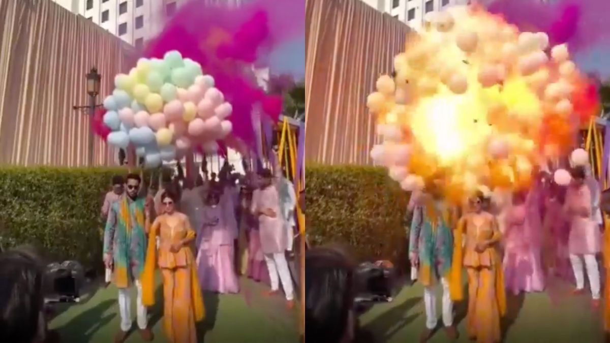 圖／印度德里一場婚禮近日發生驚險意外，在入場時新人頭頂的氫氣球瞬間爆炸並竄出巨大火球，兩人當場被燒傷。（翻攝 Deccan Chronicle X）