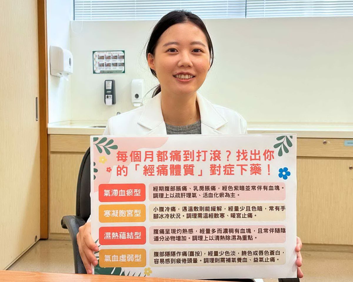 圖/蕭以釧醫師指出,常見的經痛體質有氣滯血瘀型、寒凝胞宮型、濕熱蘊結型、氣血虛弱型四大類型。(恩主公醫院提供)