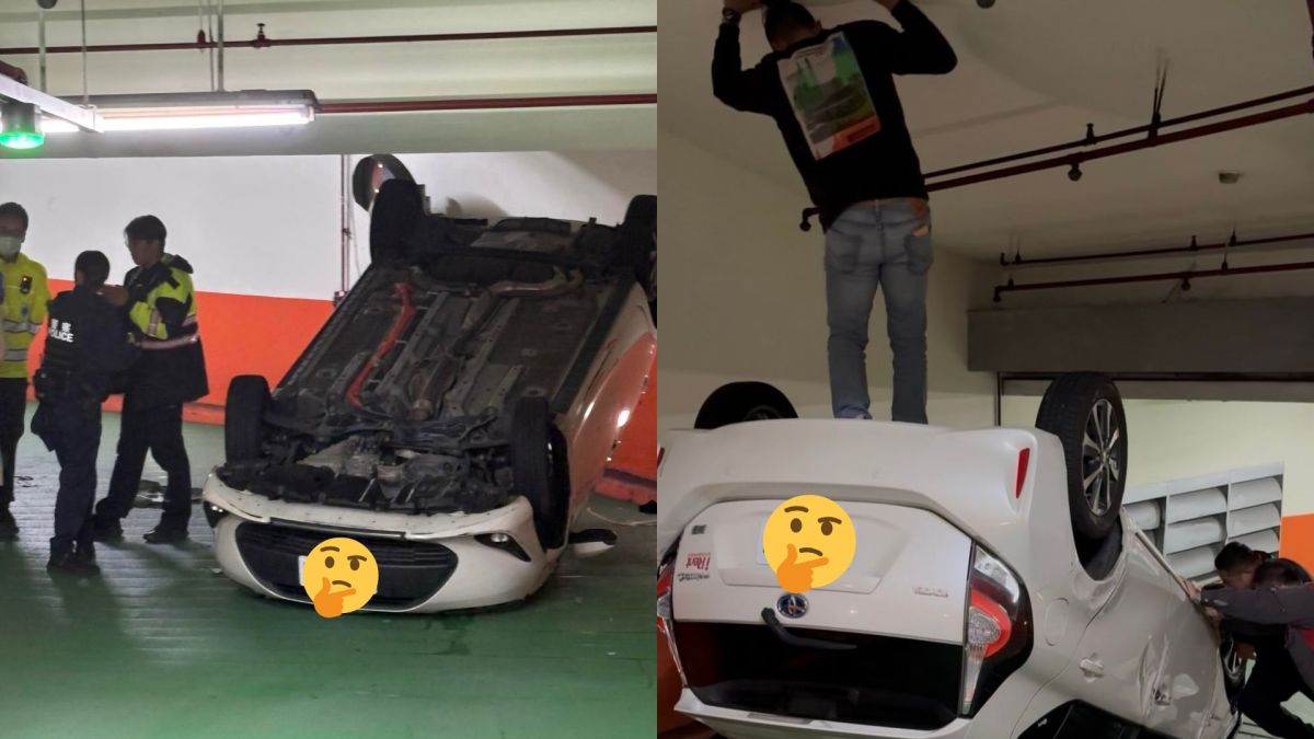 圖／桃園市一處大樓地下停車場昨（3）日發生一起翻車意外，一名女子駕駛租賃車下坡道時發生擦撞，隨後車輛翻覆四輪朝天卡在坡道中央。（翻攝 niki_hsieh Threads）
