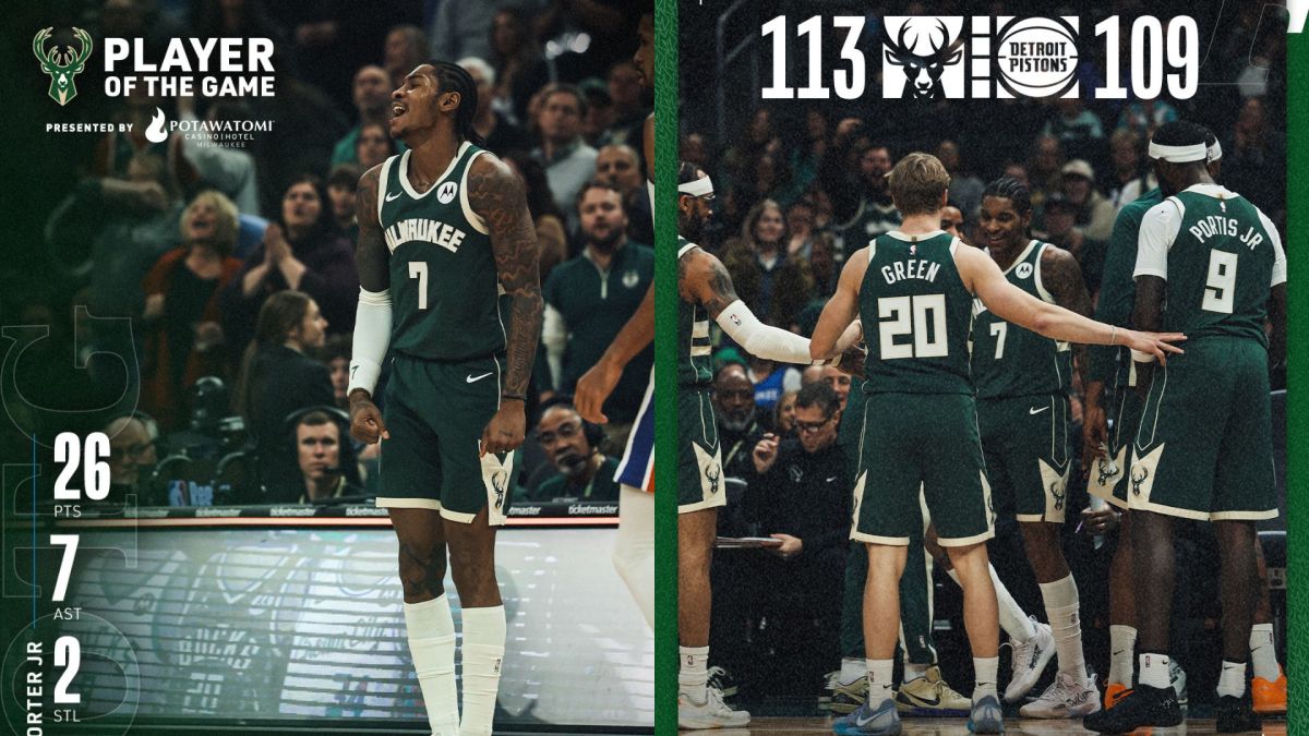 圖／公鹿 Porter Jr. 攻下全隊最高 26 分，最終以 113 比 109 上演逆轉勝。（翻攝 Milwaukee Bucks X）
