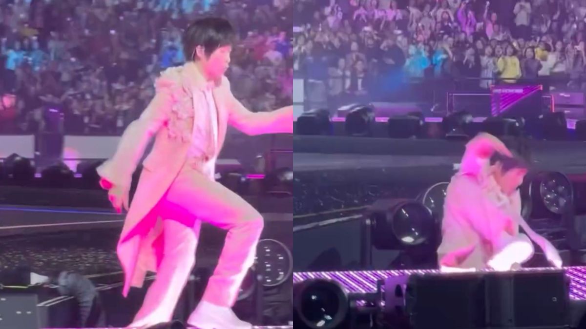 圖／五月天主唱阿信在演唱《離開地球表面》時，不慎從約2米高的舞台跌落。（翻攝 Threads）