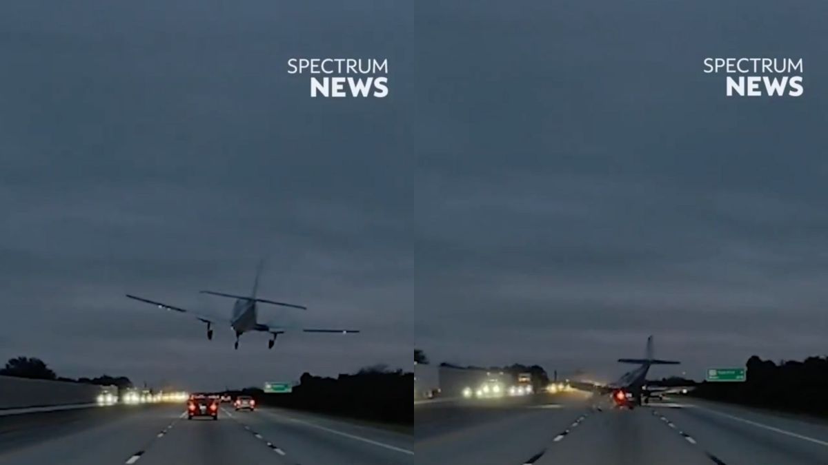 圖/美國佛羅里達州一架小型飛機在行經95號州際公路(I-95)上方時緊急迫降,過程中意外撞擊一輛正在行駛中的轎車。(翻攝 Spectrum News 13 X)