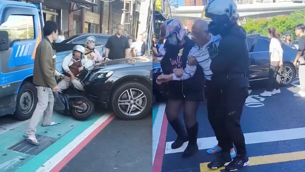 圖/新北市五股區日前發生一起交通事故,一名82歲老翁(右)駕駛賓士轎車,失控衝撞機車停等區,導致一對七旬夫婦被夾困在肇事車輛與貨車之間。(翻攝 記者爆料網 YouTube)