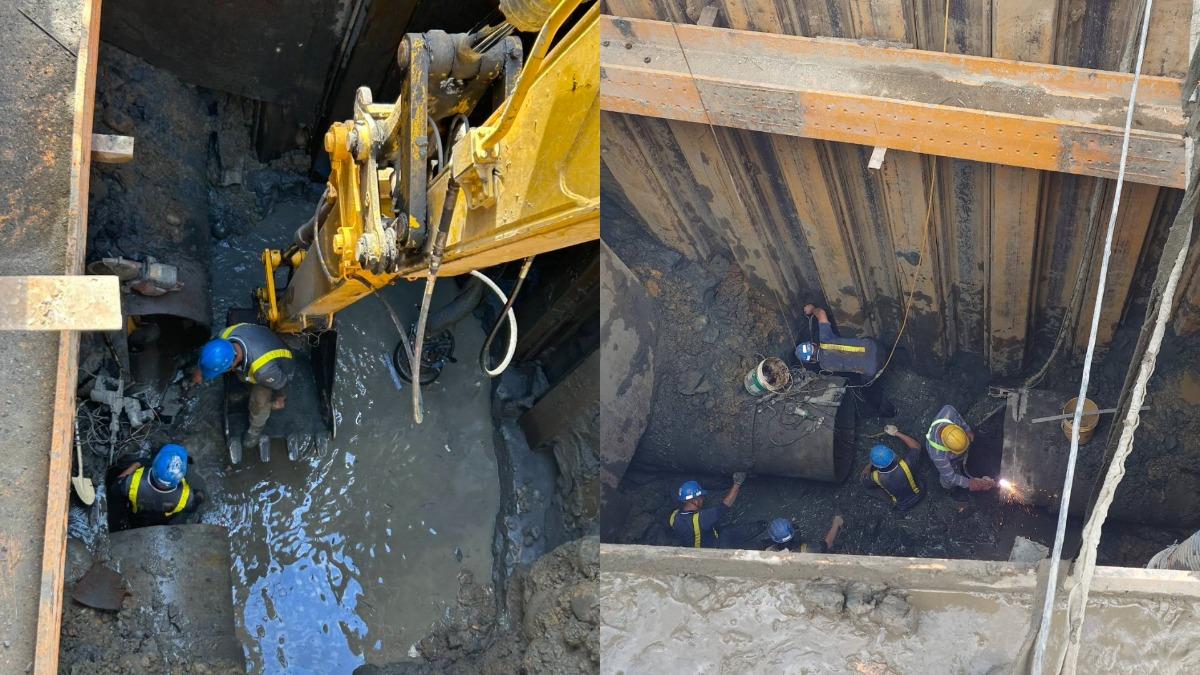 圖／主線高架橋基樁地下自來水水管被挖破，淡水居民「沒水可用」。（TVBS 提供）
