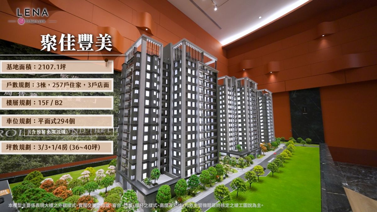 圖／本案「聚佳豐美」坐落北台中雙重領漲核心，基地2,107坪、建蔽率不到30%，綠覆率超過50%，3棟建築257戶規劃，與對面頭家公園共創雙公園生活尺度。(翻攝自YT土地婆麗娜)