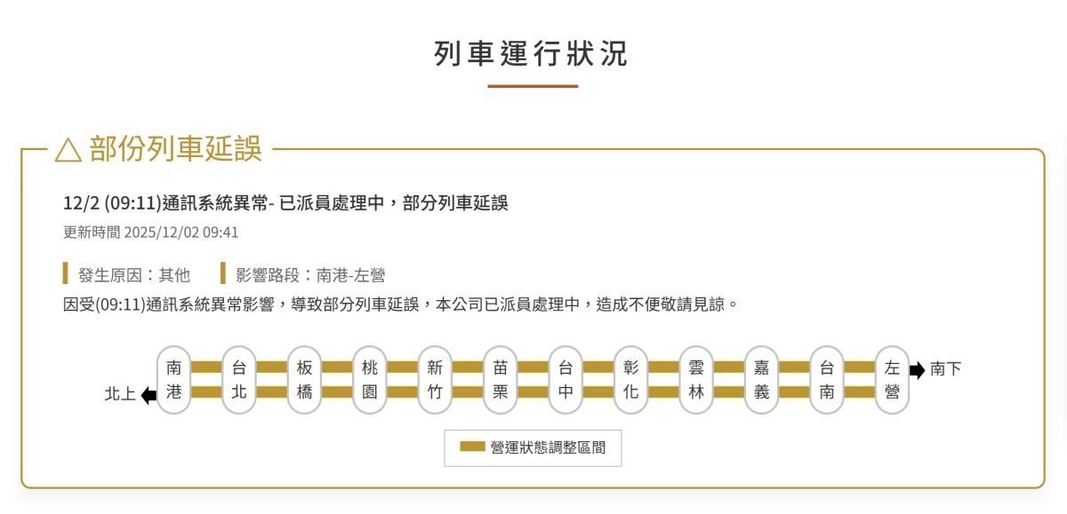 圖/台灣高鐵上午9時19分出現異常。(翻攝 台灣高鐵)