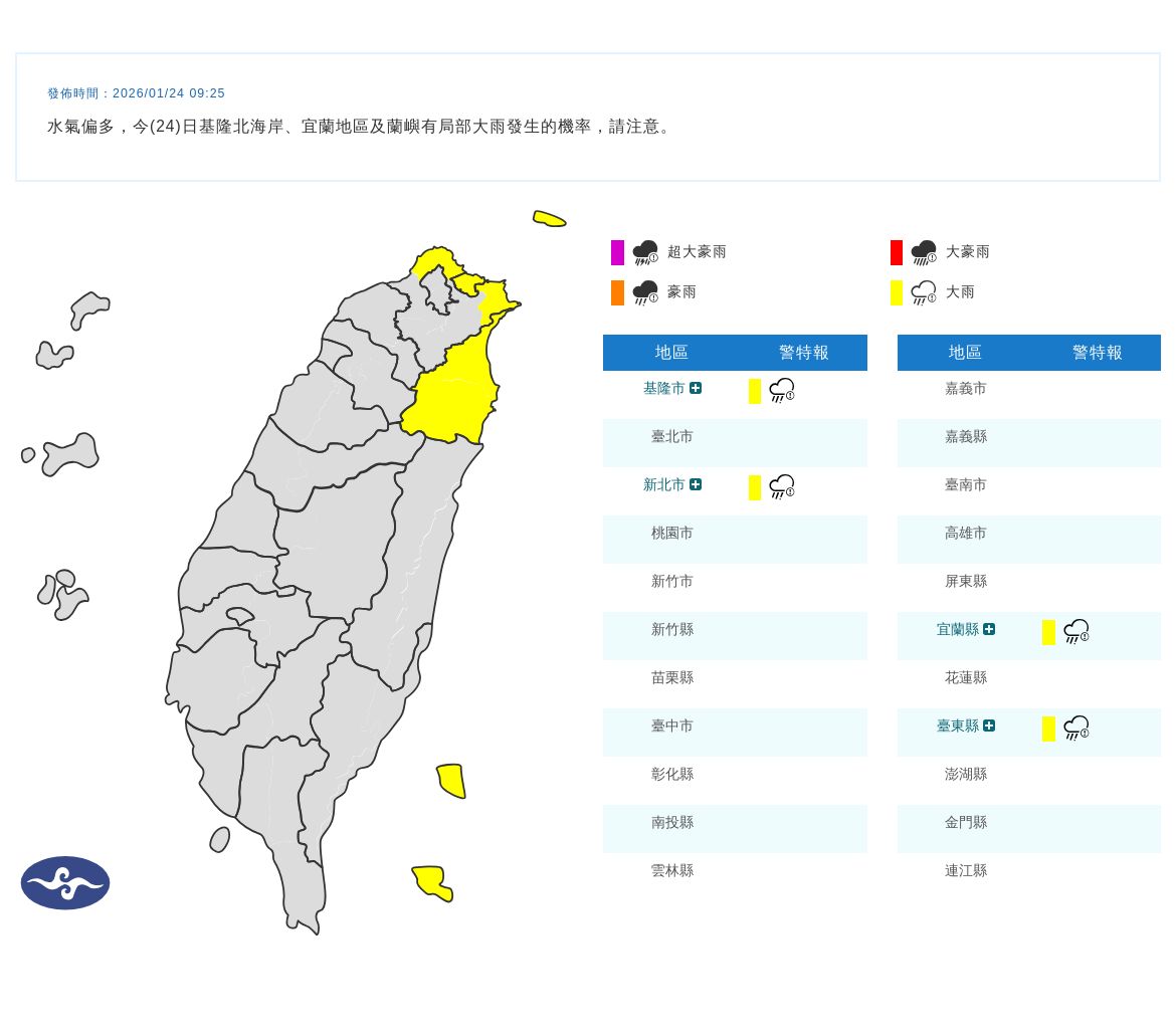 圖／列入「大雨」警戒的縣市包括：基隆市、新北市、宜蘭縣、台東縣。（翻攝 氣象署官網）