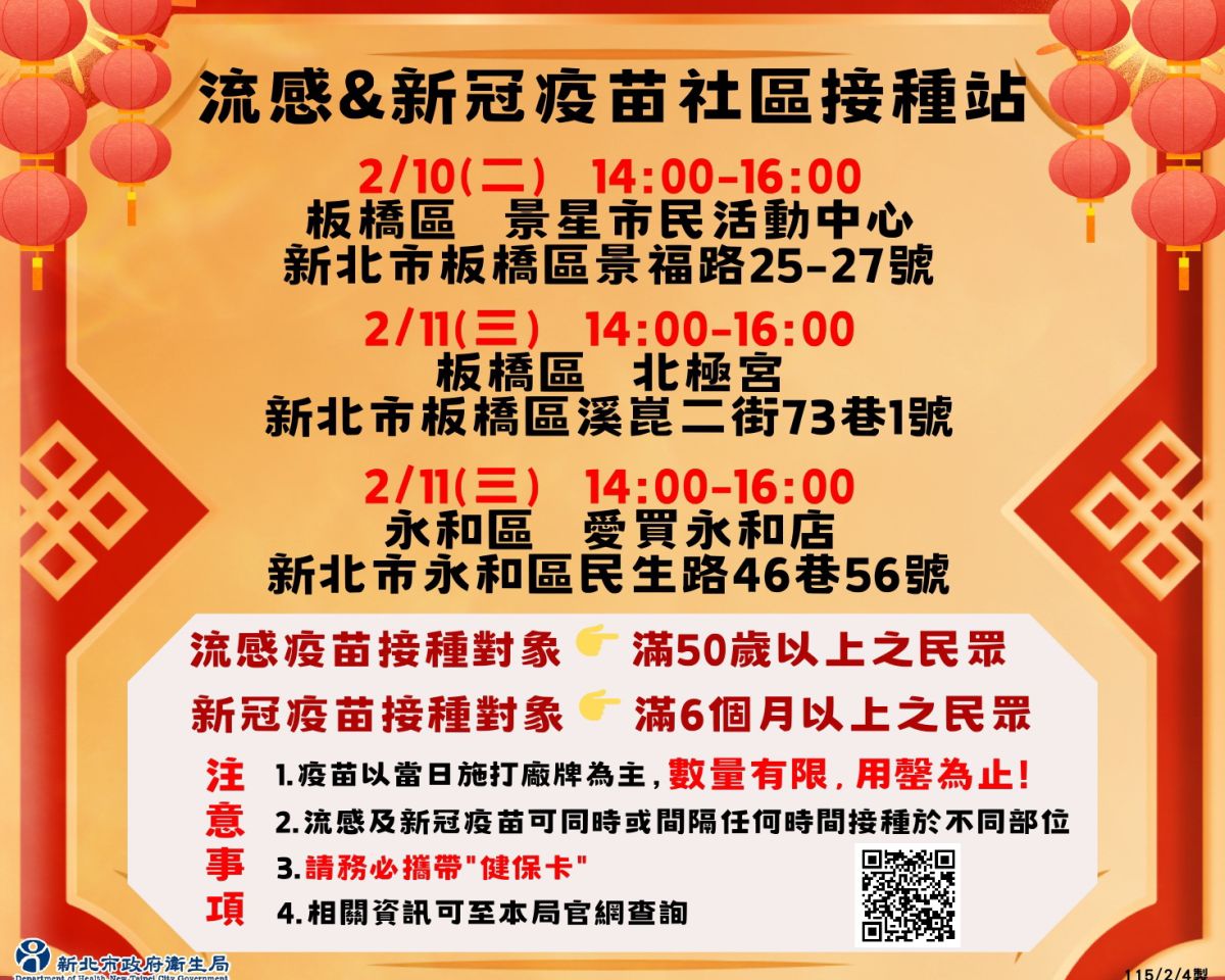 圖／新北市政府為提升市民防護力，將於春節前在板橋、永和設立多處疫苗接種站。（新北市政府衛生局提供）