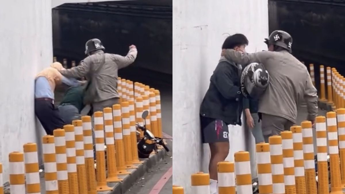 圖／馬姓男子違規撞倒老夫婦後不僅未道歉，反而情緒失控當街毆打兩名長者，甚至持安全帽攻擊上前制止的男大生。（翻攝 Threads）