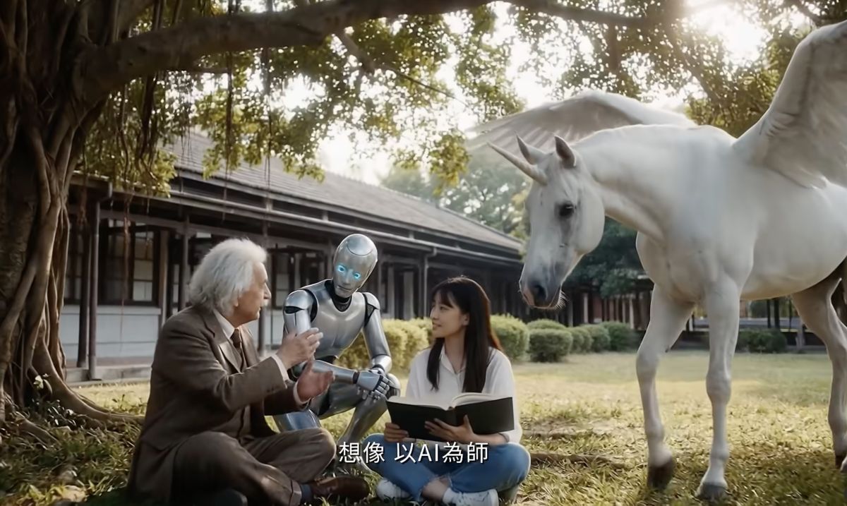 圖/東海大學再度突破教育想像,以百分百AI生成技術,將「愛因斯坦」請至東海校園、透過飛行船意象象徵拓展未來視野,呈現AI融入學習環境的全新樣貌。(東海大學提供)