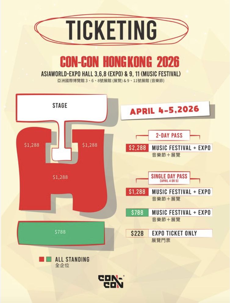圖/「CON-CON 香港 2026」門票共分為四種不同價位。(羚邦 提供)