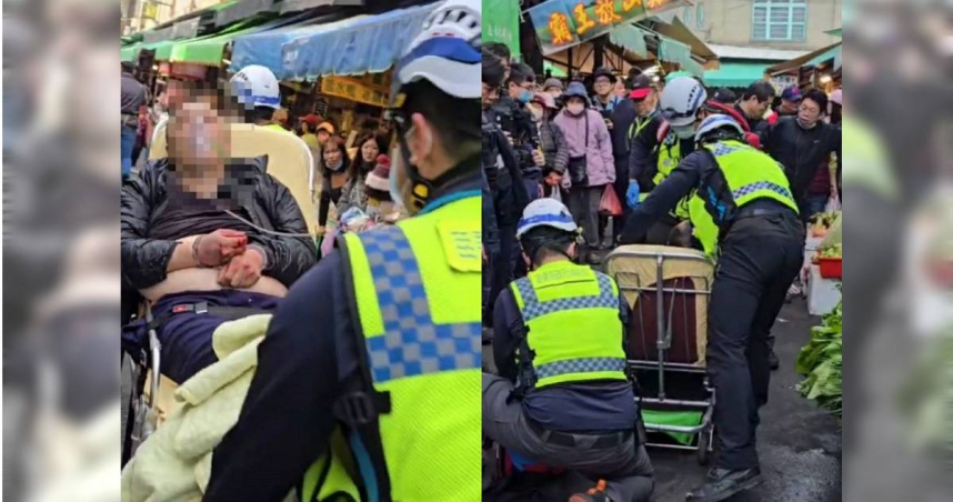 圖／苗栗苗南市場4日上午驚傳隨機砍人，警頭部遭砍，兇嫌胸口中彈。（CTWANT提供）