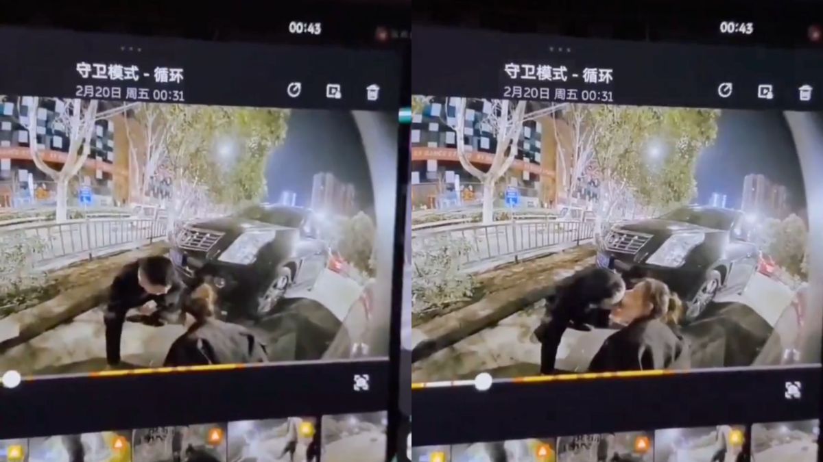 圖／女子在路邊停放車輛旁疑似就地如廁，期間男伴靠近與其接吻。（翻攝X）