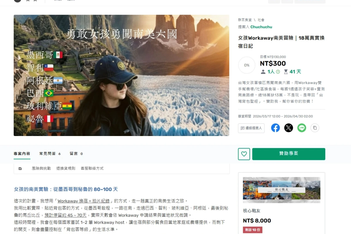 圖／一名女網友近日在募資平台提出旅遊計畫，希望透過募資補足缺口。（翻攝 嘖嘖）