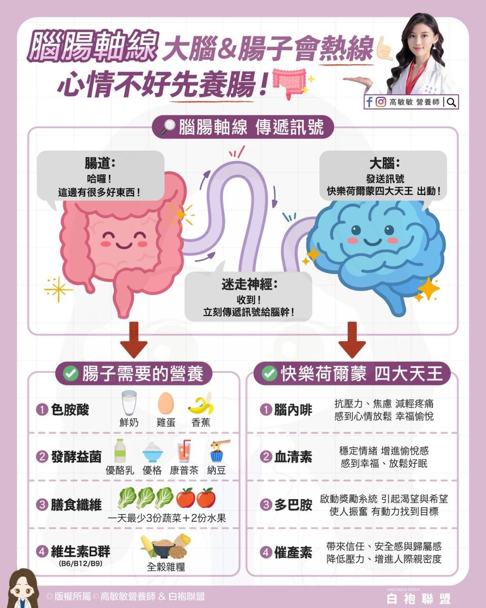 圖/為了幫助大腦維持正向循環,高敏敏整理了四類腸道需要的關鍵營養素,建議民眾從日常飲食中攝取。(翻攝自高敏敏 營養師粉絲專頁)