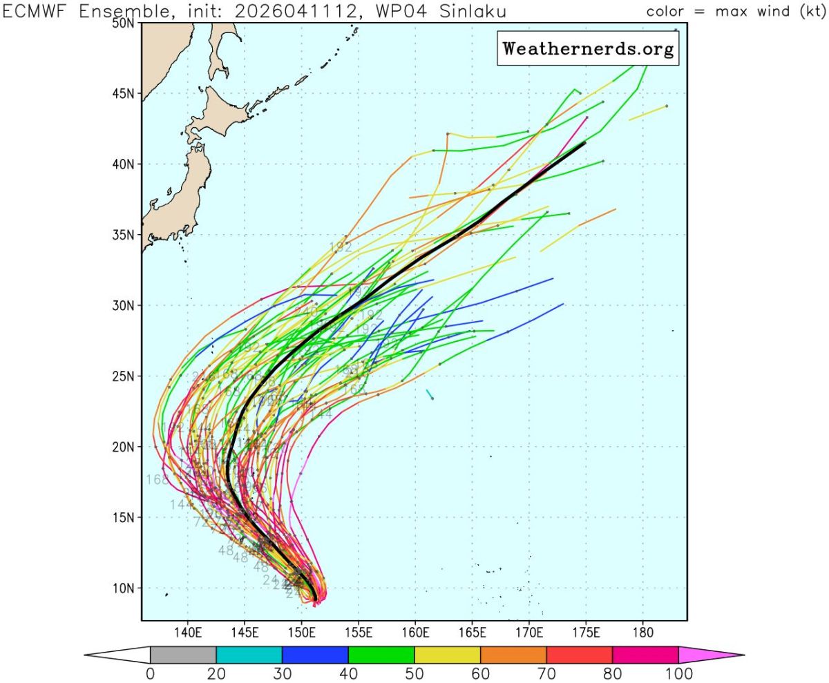 圖／吳德榮說，最新歐洲模式系集模擬顯示，辛樂克未來將在日本南方海面大迴轉。（翻攝weathernerds）