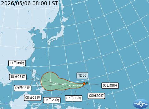 圖/中央氣象署表示,位於關島附近的熱帶性低氣壓TD05於5日生成,最快6日清晨將升格為今年第5號颱風「哈格比」(Hagupit)。(翻攝中央氣象署)
