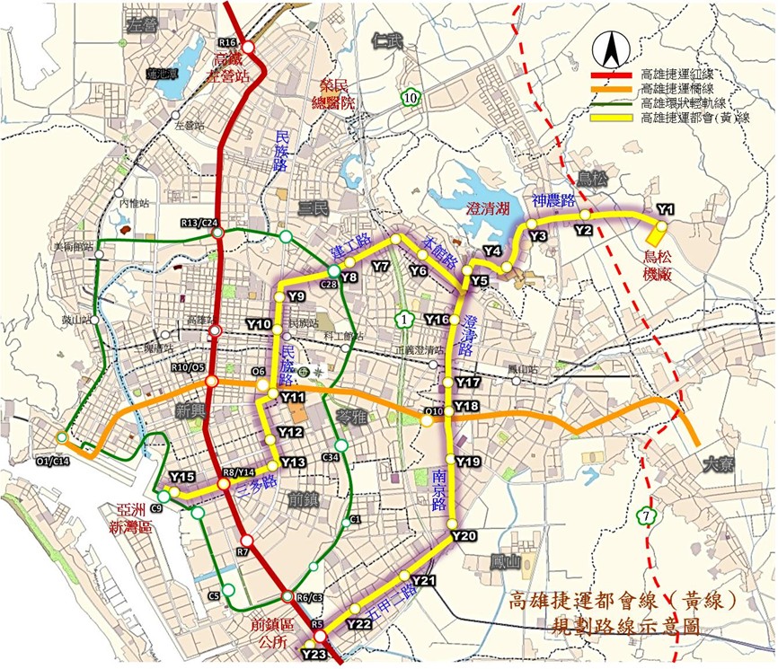 圖／捷運黃線，鳥松機廠已於2022年動工，全線則預計於 2034年 正式完工通車，其中Y9、Y10站就緊鄰「光洲耘朗」。（翻攝自高雄市政府捷運工程局。本示意圖僅供參考，相關車站位置、路線可能因規劃作業微調）