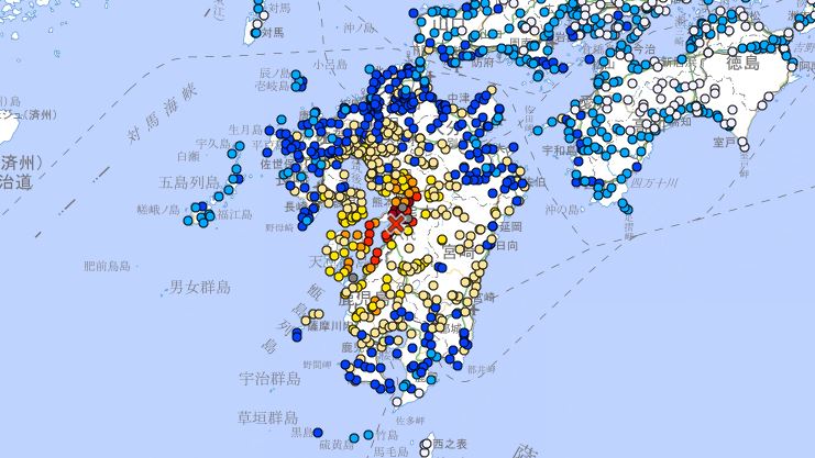 圖／日本熊本7.1強震後，短短1小時內，發生20起餘震。（翻攝自日本氣象廳官網）