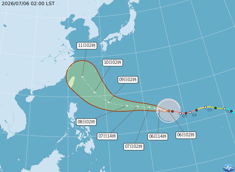 圖／最新颱風路徑潛勢預報圖。（氣象署）