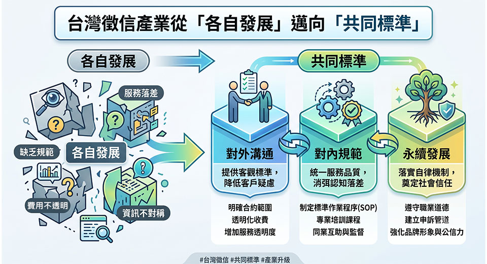 圖/台灣徵信產業近年正悄然轉型,從各自發展走向共同標準,透過對外溝通、對內規範與永續發展三階段,逐步建立可被檢驗的產業信任基礎。(AI生成,台灣偵探職業總會提供)