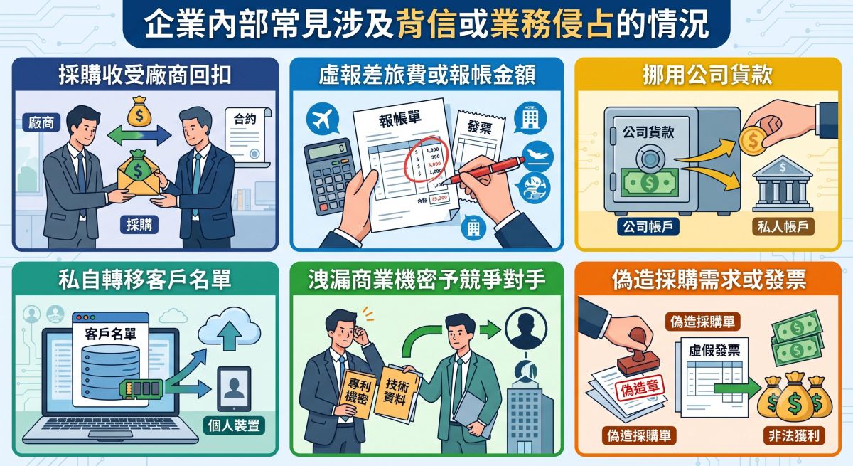 圖／從收受回扣、虛報帳款到挪用貨款、洩漏機密等，企業內部背信與侵占案件樣態多元，皆是企業內控不可輕忽的高風險環節。（AI示意，錦品徵信社提供）