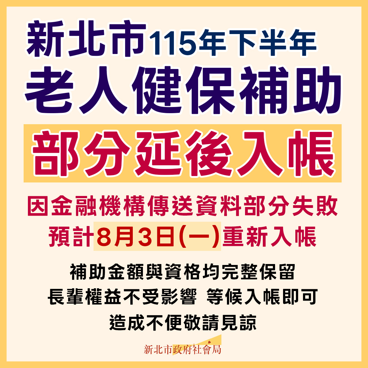 新北11萬筆老人健保補助延遲　社會局：8月3日入帳