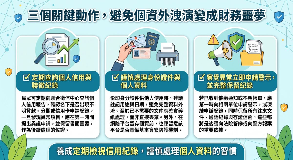 圖／個資外洩恐釀財務噩夢，民眾可透過定期查詢信用紀錄、謹慎處理身份證件、察覺異常立即申請警示三大動作，降低身份遭冒用申辦貸款的風險。（AI示意，典範徵信社提供）