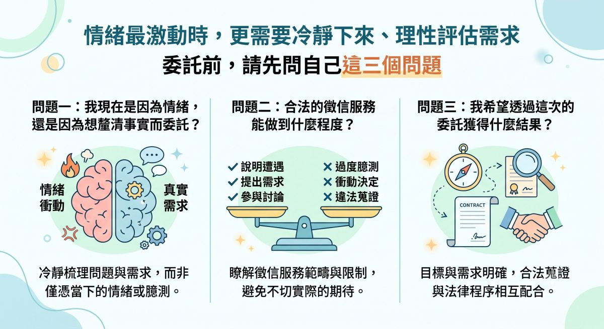 圖／委託徵信服務前，先釐清情緒與真實需求、瞭解服務範疇限制，並確認委託目標，讓證據蒐集和後續程序能相互配合。（AI示意，台灣偵探職業總會提供）