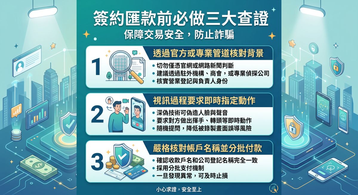 圖／深偽技術門檻低，詐騙集團利用AI生成假人進行跨境視訊會議洽談合作。錦品徵信社提醒，企業應於會議中隨機提問並要求即時動作，避免落入虛擬詐騙陷阱。（AI生成，錦品徵信社提供）
