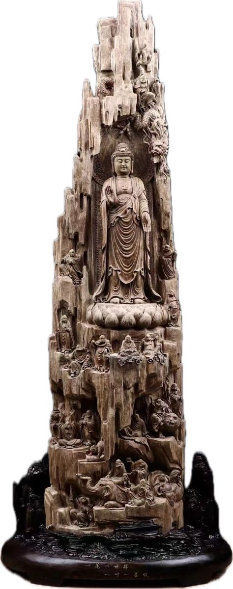 圖/十八羅漢拜佛祖,126╳30cm,巴布亞沉香。(社團法人中華藝術文化新創協會提供)