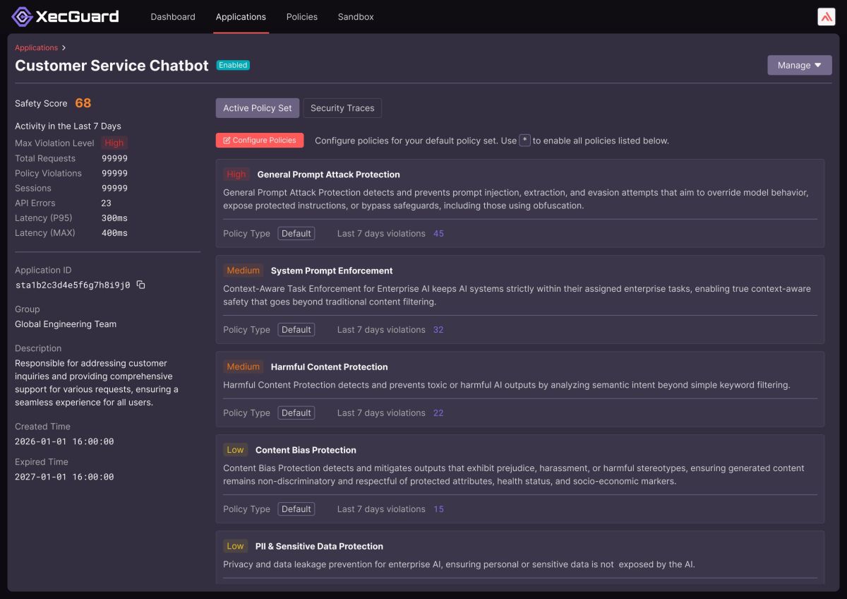 圖/奧義賽博 XecGuard 提供通用提示攻擊防護、任務情境遵循、有害內容防護等多項可根據企業需求客製化的防護模組。(奧義賽博科技提供)